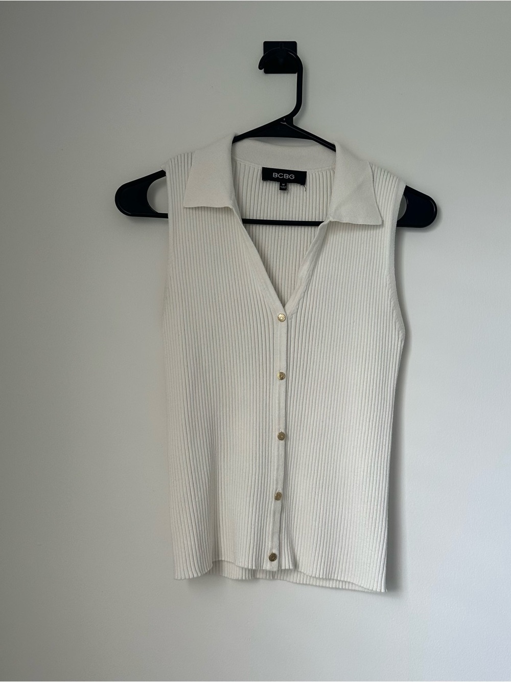 BCBG Sleeveless Ribbed Button-Front Polo Tank in White